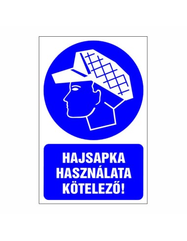 Hajsapka használata kötelező piktogram kék alapon fehér szöveggel és grafikával