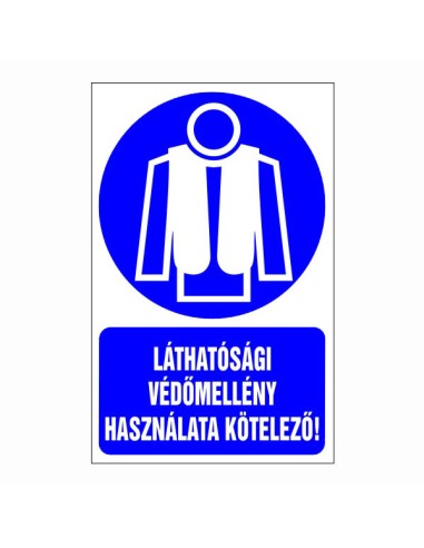 Láthatósági védőmellény használata kötelező piktogram kék alapon fehér szimbólummal és szöveggel