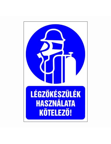 Légzőkészülék használata kötelező piktogram kék alapon fehér ábrával és szöveggel