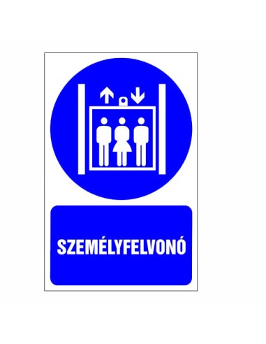 Személyfelvonó piktogram kék alapon fehér sziluettekkel és szöveggel