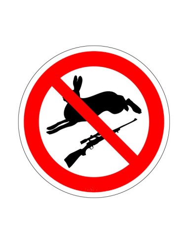 Vadászni tilos piktogram öntapadós vinil matricán, piros kör és áthúzott vadászpuska és nyúl szimbólum