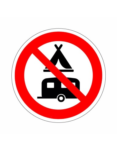 Kempingezni tilos öntapadós vinil piktogram piros körben fekete sátor és lakókocsi szimbólummal