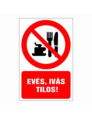 Evés, ivás tilos tiltó piktogram piros körrel és szöveggel