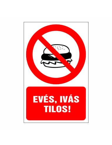 Evés, ivás tilos tiltó piktogram szöveggel, piros kör és áthúzás, hamburger ikon