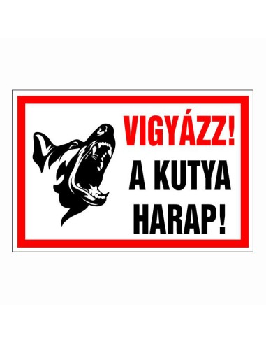 Vigyázz! A kutya harap figyelmeztető tábla piros kerettel és fekete-fehér grafikával