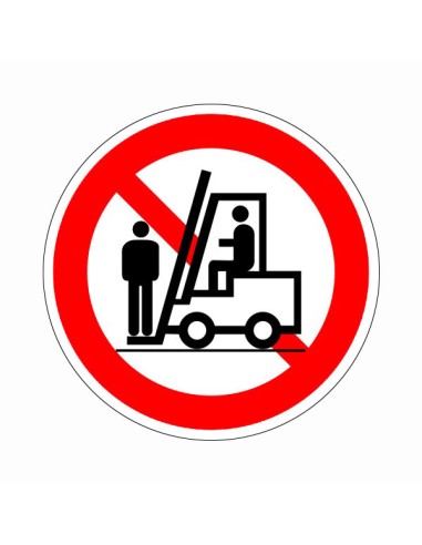 Személyt szállítani tilos piktogram öntapadós vinil, piros kör és áthúzás fekete targoncával és emberrel