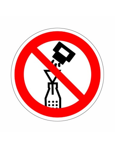 Tiltó piktogram flakonba idegen anyagot tölteni tilos, piros kör és áthúzás fekete ikonon