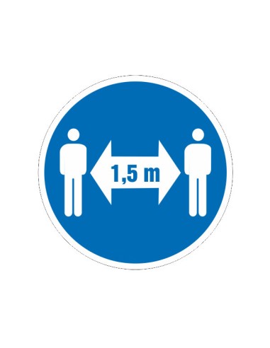 kék kör alakú 1,5 méteres távolságtartás matrica fehér piktogramokkal