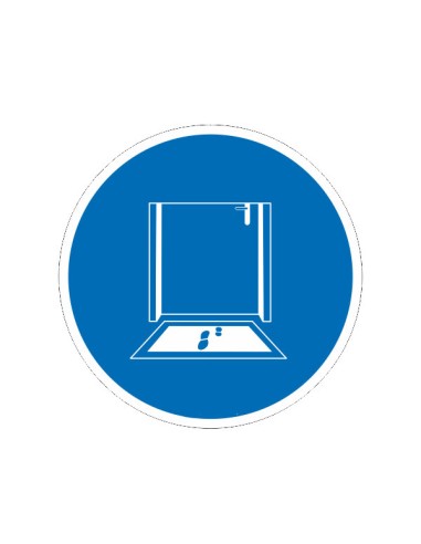 Kék kör alakú matrica lábtörlő használatát jelző piktogrammal