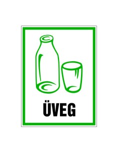 Üveg hulladékkezelési tábla zöld kerettel és üveg ikonokkal