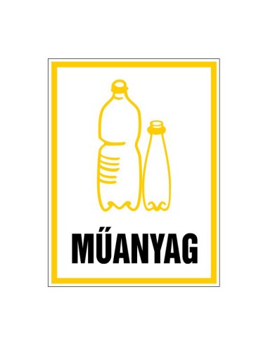 Műanyag hulladékkezelési tábla sárga kerettel és műanyag palack ábrával
