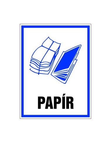 Papír hulladékkezelési tábla kék-fehér színben, papír ikon és felirat