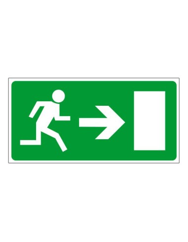 Menekülési út vészkijárat jobbra utánvilágító zöld tábla fehér futó emberrel és jobbra mutató nyíllal