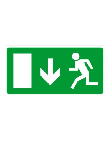 Menekülési út vészkijárat jel lefelé, ajtó balra irányítással, zöld háttérrel