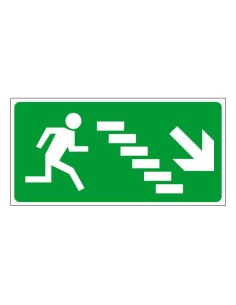 Menekülési út jelzés jobbra lépcsőn lefelé, zöld háttérrel, fehér futó ember szimbólummal és lépcsővel