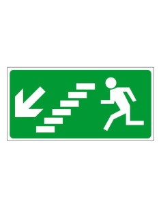 Menekülési út jel balra lépcsőn lefelé zöld háttéren fehér szimbólummal