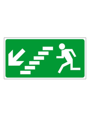 Menekülési út jel balra lépcsőn lefelé zöld háttéren fehér szimbólummal