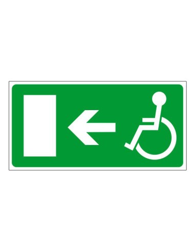 Menekülési útjelző tábla kerekesszékkel balra, zöld alapon fehér szimbólumokkal