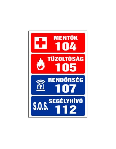 Mentők, tűzoltók és rendőrség segélyhívó táblák különböző színekben és méretekben