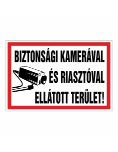 Biztonsági kamerával és riasztóval ellátott terület táblája fekete-fehér színben