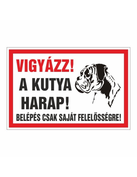 Vigyázz! A kutya harap! figyelmeztető tábla piros kerettel és kutya grafikával